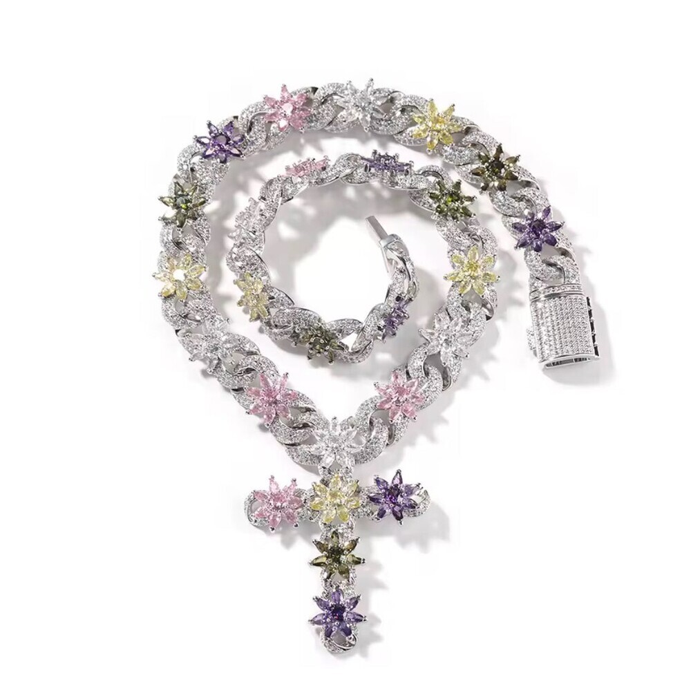 Colorful Flower Cross Pend  Cuban Chain Necklace 18inch